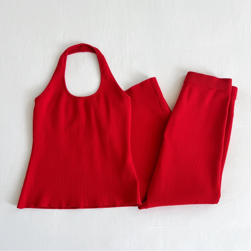 WAYF Kristi Rib Halter Top (M) + Elody Rib Knit Midi Skirt (S) | Red | NWT